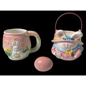 Vintage 2004 Ceramic Easter Bunny Mug Bunny Basket Jar Pink‎ Egg Collectibles